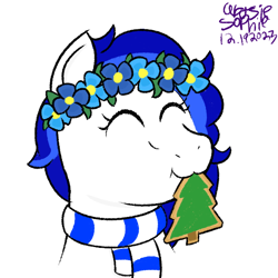 Size: 600x600 | Tagged: safe, artist:ideletedsystem64, pegasus, pony, blue mane, christmas, clothes, cookie, eyes closed, female, floral head wreath, flower, food, happy, holiday, mare, nom, scarf, simple background, solo, white background, white coat