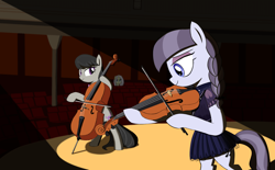 Size: 1920x1187 | Tagged: safe, artist:truthormare, inky rose, lily lace, octavia melody, earth pony, pony, unicorn, g4, bowtie, cello, clothes, dress, female, mare, musical instrument, performance, playing instrument, simple background, solo, spotlight, stage, violin