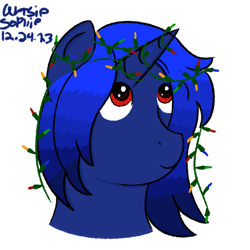 Size: 550x550 | Tagged: safe, artist:ideletedsystem64, oc, oc only, oc:xeno (iraven), unicorn, blue coat, blue mane, christmas, christmas lights, female, gradient mane, holiday, looking up, mare, red eyes, simple background, smiling, solo, white background