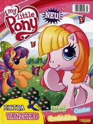 Size: 449x600 | Tagged: safe, scootaloo (g3), toola-roola, butterfly, earth pony, insect, pony, g3, g3.5, official, 2010, 2010s, barcode, book cover, cover, cute, english, female, g3betes, german, hoof on chin, looking at you, magazine, mare, merchandise, my little pony logo, needs more jpeg, rainbow, text