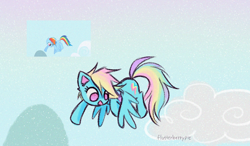 Size: 1656x965 | Tagged: safe, artist:flutterberrypie, rainbow dash, pegasus, pony, g4, female, flying, mare, no pupils, open mouth, open smile, scene interpretation, screencap reference, smiling, solo