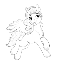 Size: 1833x1774 | Tagged: safe, artist:shpinat9, pipp petals, pegasus, pony, g5, adorapipp, chest fluff, cute, diadem, female, flying, jewelry, mare, monochrome, open mouth, open smile, regalia, signature, simple background, smiling, solo, spread wings, white background, wings