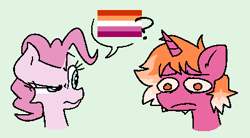 Size: 400x220 | Tagged: safe, artist:blex, pinkie pie, oc, oc:nightwalker deluna, earth pony, pony, unicorn, g4, colored, doodle, duo, dyed mane, eyebrows, frown, lesbian pride flag, looking at someone, ponk, pride, pride flag, question mark, raised eyebrow, simple background