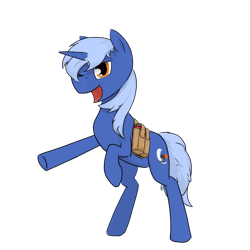 Size: 2844x2844 | Tagged: safe, artist:migesanwu, oc, oc only, oc:darknight gleam, pony, unicorn, 2024 community collab, derpibooru community collaboration, bag, bipedal, high res, horn, laughing, looking at you, male, raised hoof, saddle bag, simple background, solo, standing, transparent background, unicorn oc