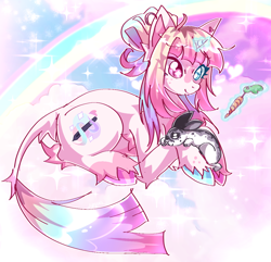 Size: 1116x1074 | Tagged: safe, artist:puroperopony, oc, rabbit, unicorn, animal, heterochromia, leonine tail, magic, magic aura, solo, tail