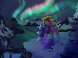 Size: 2400x1800 | Tagged: safe, artist:milkusy, oc, oc only, oc:grapie, oc:rony_ram, pegasus, pony, unicorn, aurora borealis, butt, clothes, dock, duo, female, high res, horn, lake, looking up, male, mare, mountain, night, plot, scarf, sky, smiling, stallion, tail, teeth, water, wings, winter