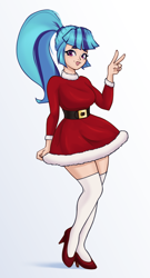Size: 1510x2805 | Tagged: safe, artist:aquaticvibes, sonata dusk, human, g4, christmas, christmas outfit, clothes, dress, female, high heels, high res, holiday, humanized, peace sign, red shoes, shoes, simple background, solo, stockings, thigh highs, thigh socks, white background, white stockings