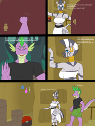 Size: 1500x2000 | Tagged: safe, artist:lurking tyger, spike, zecora, dragon, zebra, anthro, plantigrade anthro, unguligrade anthro, comic:spike's curse, g4, adult, adult spike, breasts, busty zecora, comic, dialogue, duo, duo male and female, female, knocking, male, mare, older, older spike, speech bubble, zecora's hut