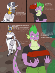 Size: 1500x2000 | Tagged: safe, artist:lurking tyger, spike, zecora, dragon, zebra, anthro, unguligrade anthro, comic:spike's curse, g4, adult, adult spike, breasts, busty zecora, chest, cleavage, comic, dialogue, duo, duo male and female, female, male, mare, midriff, older, older spike, thumbs up