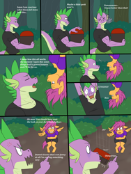 Size: 1500x2000 | Tagged: safe, artist:lurking tyger, scootaloo, spike, dragon, pegasus, anthro, unguligrade anthro, comic:spike's curse, g4, adult, adult spike, angry, chest, cross-popping veins, dialogue, duo, duo male and female, emanata, eye clipping through hair, female, floppy ears, forest, laughing, male, mare, moments before disaster, nature, older, older scootaloo, older spike, prank, tree, upside down