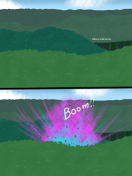 Size: 1500x2000 | Tagged: safe, artist:lurking tyger, comic:spike's curse, 2 panel comic, comic, dialogue, explosion, forest, implied scootaloo, implied spike, nature, no pony, tree