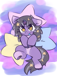 Size: 975x1291 | Tagged: safe, artist:rivibaes, oc, oc:rivibaes, unicorn, cute, female, filly, foal, happy, looking at you, pillow, stars