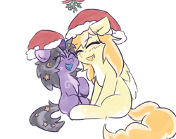 Size: 1928x1521 | Tagged: safe, artist:rivibaes, oc, oc only, oc:orange cream, oc:rivibaes, pegasus, unicorn, christmas, female, filly, foal, hat, holiday, mare, mistletoe, mother and child, mother and daughter, nuzzling, santa hat, simple background, white background