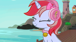 Size: 872x486 | Tagged: safe, artist:kichimina, oc, oc only, oc:cinnamon lightning, pony, unicorn, g4, animated, bell, bell collar, bow, bust, clothes, collar, commission, cutie mark on clothes, eyelashes, eyes closed, female, gif, half body, happy, headphones, horn, i can't believe it's not hasbro studios, loop, mare, multicolored hair, music notes, perfect loop, pier, show accurate, signature, smiling, solo, unicorn oc, vector, water, ych result