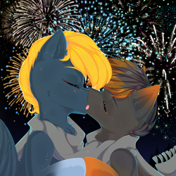 Size: 2000x2000 | Tagged: safe, artist:thieftea, oc, oc only, oc:osteen, oc:scorched earth, pegasus, pony, clothes, commission, eyes closed, fireworks, gay, gradient hooves, high res, kissing, male, multicolored hair, oc x oc, scarf, shipping, ych result