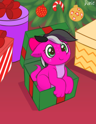 Size: 3200x4100 | Tagged: safe, artist:zeroonesunray, oc, oc:diane tgx, dracony, dragon, hybrid, pony, box, christmas, female, filly, foal, holiday, pony in a box, solo