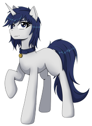 Size: 2602x3568 | Tagged: safe, artist:alicetriestodraw, oc, oc only, oc:mysza, pony, unicorn, 2024 community collab, derpibooru community collaboration, adult blank flank, blank flank, blue eyes, blue mane, collar, female, high res, horn, looking at you, mare, simple background, solo, standing, transparent background, unicorn oc, white fur
