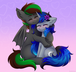 Size: 4133x3927 | Tagged: safe, artist:madelinne, oc, oc only, bat pony, unicorn, bat pony oc, bat wings, blushing, cuddling, duo, female, happy, horn, hug, male, mare, stallion, unicorn oc, wings