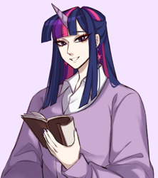 Size: 1600x1800 | Tagged: safe, artist:tsuruminori, twilight sparkle, human, g4, book, female, grin, horn, horned humanization, humanized, looking at you, pale skin, pink background, simple background, smiling, smiling at you, solo