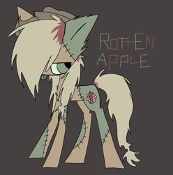 Size: 1089x1100 | Tagged: safe, artist:burnedmuffinz, oc, oc only, oc:rotten apple, pony, undead, zombie, zombie pony, applejack's hat, chest fluff, cowboy hat, hat, messy mane, messy tail, stitches, tail, text, tongue out