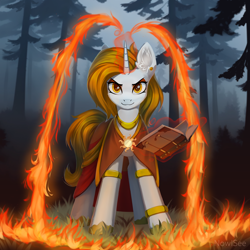 Size: 2400x2400 | Tagged: safe, artist:inowiseei, oc, oc only, oc:aurora shinespark, pony, unicorn, ear fluff, female, fire, forest, glowing, glowing horn, high res, horn, looking at you, magic, magic aura, mare, nature, smiling, smiling at you, smirk, solo, telekinesis, tree, unicorn oc