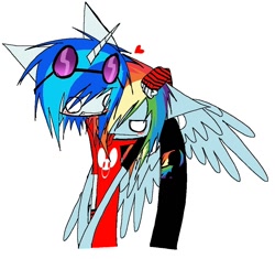 Size: 1004x943 | Tagged: safe, artist:burnedmuffinz, dj pon-3, rainbow dash, vinyl scratch, pegasus, unicorn, anthro, g4, blush sticker, blushing, clothes, cuddling, cute, deadmau5, duo, ears up, emo, emodash, eye clipping through hair, female, fingerless gloves, floppy ears, gloves, hand on head, heart, hug, in love, lesbian, scene, shipping, shirt, simple background, smiling, spread wings, teeth, tongue out, vinyl's glasses, vinyldash, white background, wings