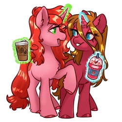 Size: 2661x2665 | Tagged: safe, artist:opalacorn, oc, oc only, pony, unicorn, chest fluff, coffee, coffee cup, commission, cup, drink, duo, female, glowing, glowing horn, grin, high res, horn, levitation, lidded eyes, looking at each other, looking at someone, magic, mare, milkshake, open mouth, open smile, simple background, smiling, smiling at each other, telekinesis, white background