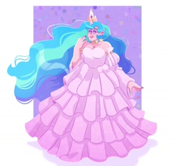 Size: 1500x1431 | Tagged: safe, artist:irisikiki, princess celestia, human, g4, bare shoulders, breasts, busty princess celestia, choker, chokerlestia, cleavage, clothes, dress, ear piercing, earring, female, gown, horn, horned humanization, humanized, jewelry, light skin, looking at you, passepartout, piercing, simple background, smiling, smiling at you, solo, white background