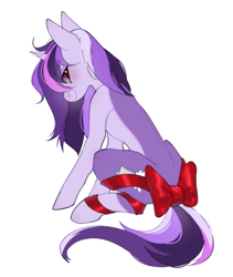 Size: 1861x2200 | Tagged: safe, artist:ruru_01, oc, oc only, oc:dreaming bell, pony, unicorn, blushing, christmas, female, happy new year, holiday, looking at you, looking back, looking back at you, mare, present, rear view, simple background, sitting, smiling, smiling at you, solo, two toned coat, white background, wrapped up