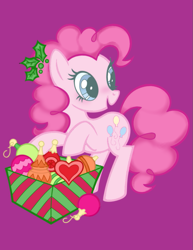 Size: 789x1024 | Tagged: safe, artist:hivecicle, pinkie pie, earth pony, g4, christmas, coloring page, holiday, ornaments, pink coat, pink hair, plant, present, purple background, simple background, solo