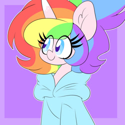 Size: 1280x1280 | Tagged: safe, artist:ladylullabystar, oc, oc only, oc:lady lullaby star, pony, unicorn, abstract background, big ears, clothes, eye clipping through hair, female, hoodie, mare, multicolored hair, pigtails, purple background, rainbow hair, simple background, sitting, smiling, solo