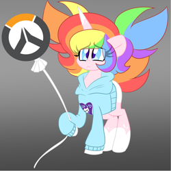 Size: 1280x1282 | Tagged: safe, artist:ladylullabystar, oc, oc only, oc:lady lullaby star, pony, unicorn, balloon, clothes, coat markings, female, gradient background, gray background, hoodie, mare, multicolored hair, overwatch, pigtails, rainbow hair, socks (coat markings), solo