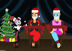 Size: 1920x1372 | Tagged: safe, artist:robukun, oc, oc:ariel phantom, oc:shine, human, equestria girls, g4, bondage, bound and gagged, bow, christmas, christmas tree, cloth gag, dc comics, decoration, gag, harley quinn, hat, holiday, merry christmas, present, stars, tree