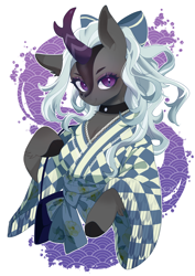 Size: 2894x4093 | Tagged: safe, artist:potetecyu_to, oc, oc only, oc:jinx kurai, kirin, anthro, arm hooves, bow, breasts, choker, cleavage, clothes, cloven hooves, eyeshadow, female, heart, horn, japanese, kimono (clothing), kirin oc, makeup, scales, tattoo