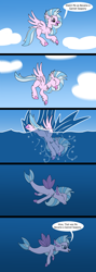 Size: 1920x5400 | Tagged: safe, artist:platinumdrop, silverstream, hippogriff, seapony (g4), g4, bubble, cloud, comic, dorsal fin, eyes closed, female, fin, fin wings, fins, fish tail, floppy ears, flowing mane, flowing tail, flying, ocean, open mouth, open smile, request, seapony silverstream, smiling, speech, speech bubble, spread wings, swimming, tail, talking, transformation, transformation sequence, underwater, water, wings