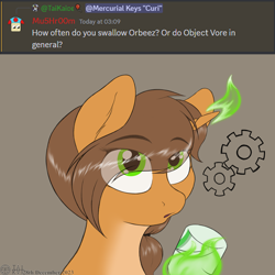 Size: 5000x5000 | Tagged: safe, artist:tai kai, oc, oc:mercurial keys, pony, unicorn, answer, ask, cup, drink, drinking, female, feral, gears, magic, question and answer, telekinesis