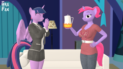 Size: 3413x1920 | Tagged: safe, artist:gradiusfanatic, twilight sparkle, oc, oc:vanesa, alicorn, pony, unicorn, anthro, g4, 3d, clothes, coffee, female, fire, skirt, source filmmaker