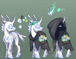 Size: 1057x822 | Tagged: safe, artist:mr.catfish, changedling, changeling, albino changeling, bouquet of flowers, clothes, floral head wreath, flower, gray eyes, hooded cape, magic, male, mantle, reference sheet, scar, simple background, telekinesis, torn clothes