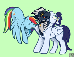 Size: 2184x1687 | Tagged: safe, artist:boundbrush, rainbow dash, soarin', dragon, pegasus, pony, g4, clothes, dressing, female, furry, green background, male, ponysuit, simple background, soarin' suit, transformation