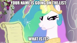Size: 888x499 | Tagged: safe, edit, edited screencap, screencap, princess celestia, g4, the crystal empire, caption, celestia is not amused, dad's army, image macro, imgflip, reference to another series, solo, text, unamused