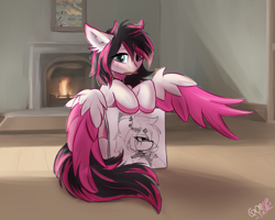 Size: 6075x4860 | Tagged: safe, artist:gooseshit, oc, oc only, oc:lunylin, pegasus, pony, art inside art, collar, colored belly, colored eartips, colored eyebrows, colored hooves, colored wings, colored wingtips, cute, ear fluff, facial markings, female, fireplace, heterochromia, indoors, interior, looking at you, mare, mouth hold, pegasus oc, pencil, reverse countershading, self portrait, shading, sitting, solo, spread wings, tail, two toned hair, two toned mane, two toned tail, two toned wings, wings