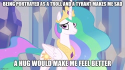 Size: 888x499 | Tagged: safe, edit, edited screencap, screencap, princess celestia, alicorn, pony, equestria girls, g4, my little pony equestria girls, bronybait, caption, celestia defence, cute, cutelestia, female, folded wings, frown, hug request, image macro, imgflip, mare, op has a point, op is right, sad, sadlestia, sadorable, solo, text, wings, woobie