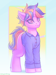 Size: 1500x2000 | Tagged: safe, artist:adagiostring, oc, oc only, oc:evening glimmer, pony, unicorn, clothes, commission, cute, female, full body, gradient background, horn, looking up, mare, pony oc, purple eyes, shirt, solo, standing, two toned hair, unicorn oc