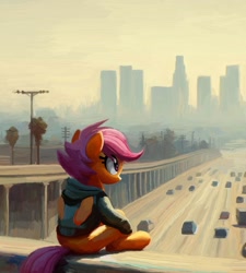 Size: 1491x1660 | Tagged: safe, artist:yidwags, scootaloo, pegasus, pony, g4, car, city, cityscape, clothes, contemplating, female, folded wings, highway, hoodie, looking away, los angeles, outdoors, sitting, smog, solo, traffic, wings