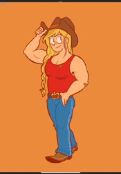 Size: 1431x2048 | Tagged: safe, artist:jessofthesketch, applejack, human, g4, applejack's hat, applejacked, belt, braid, clothes, cowboy hat, denim, female, freckles, hat, humanized, jeans, muscles, muscular female, orange background, pants, simple background, solo, tank top