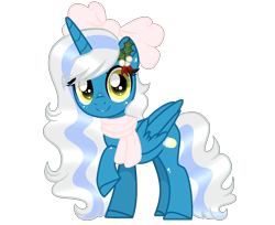 Size: 1416x1154 | Tagged: safe, artist:zorixn, oc, oc only, oc:fleurbelle, alicorn, pony, alicorn oc, bow, clothes, cute, female, hair bow, holly, horn, looking at you, mare, scarf, simple background, smiling, smiling at you, solo, transparent background, wings, yellow eyes