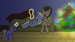 Size: 1920x1080 | Tagged: safe, artist:platinumdrop, derpy hooves, dinky hooves, doctor whooves, time turner, earth pony, pegasus, unicorn, g4, blanket, christmas, christmas tree, commission, couch, female, filly, foal, holiday, lights, magic, male, mare, sleeping, stallion, telekinesis, tree