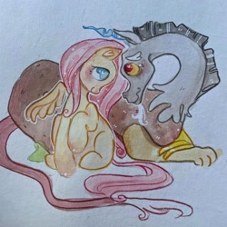Size: 1080x1080 | Tagged: safe, artist:ella.doodles, discord, fluttershy, g4, female, heart, heart eyes, looking at each other, looking at someone, male, raised hoof, ship:discoshy, shipping, sketchbook, sketchbook art, straight, traditional art, watercolor painting, wingding eyes
