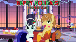 Size: 2064x1161 | Tagged: safe, anonymous artist, artist:cloudy glow, coloratura, feather bangs, earth pony, g4, 2023, all i want for christmas is you, canterlot, canterlot castle interior, christmas, clothes, colorabangs, december, dress, duet, duo, female, flower, flower in hair, gala, gaston legume, happy holidays, hearth's warming, holiday, holly, kiss mark, lipstick, lyrics in the description, male, mare, party, shipping, shirt, singing, smiling, song in the description, song reference, stallion, straight, youtube link in the description