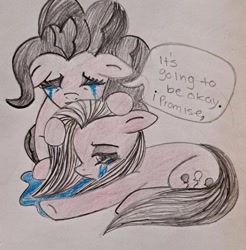 Size: 640x651 | Tagged: artist needed, safe, pinkie pie, earth pony, pony, g4, crying, dialogue, duality, female, mare, partial color, pinkamena diane pie, sad, speech bubble, traditional art